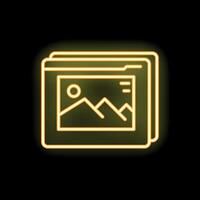 Neon yellow icon of stacked digital images is glowing on a black background vector