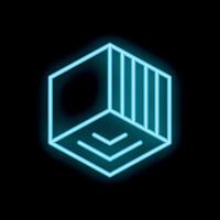 Neon blue hexagon with arrows pointing down inside cube shape glowing on black background vector