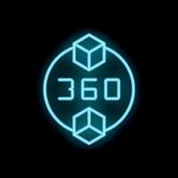 Neon 360 degrees sign with two cubes on black background vector