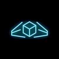 Neon augmented reality logo with cube rotating in hands on black background vector