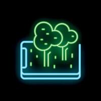 Glowing neon sign of trees growing from smartphone screen on black background vector