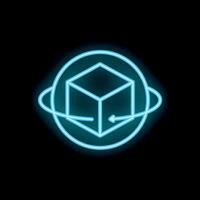 Neon blue 3d modeling software cube rotating in space with arrow symbol vector