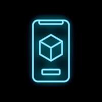 Neon smartphone showing augmented reality cube symbol on screen vector