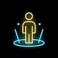 Neon sign of man standing in a circle with lines pointing at him vector
