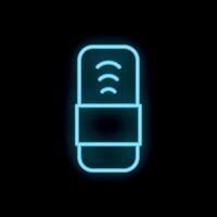 Blue neon icon of a smart speaker emitting wifi signal on black background vector
