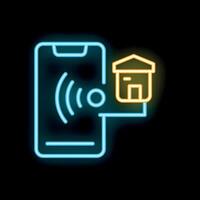 Smartphone connecting to home network using wifi signal neon icon vector