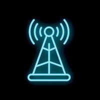 Neon icon of radio tower transmitting signal on black background vector