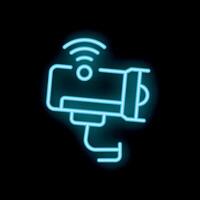 Neon icon of security camera transmitting surveillance footage vector