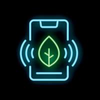 Neon green leaf icon glowing on a smartphone screen for eco friendly mobile apps vector