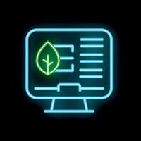Neon green leaf on computer screen symbolizing online ecology information vector