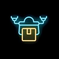 Neon sign of drone delivering a package on black background vector