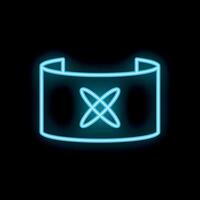 Neon blue curved screen displaying rotating atom symbol on black background vector