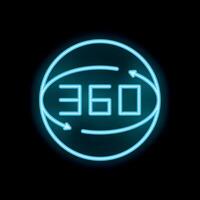 Neon 360 degrees sign indicating full surround view vector
