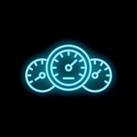 Neon icon of speedometer showing increasing speed with glowing blue light vector