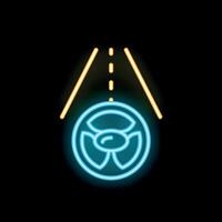 Neon sign showing steering wheel driving over radioactive material on road vector