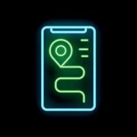 Smartphone showing glowing neon route with a pin location icon on black background vector