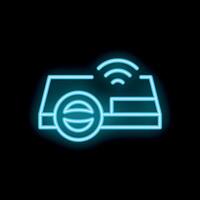 Neon icon of smart speaker broadcasting wireless signal vector