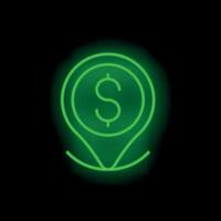 Green neon location pin pointing at dollar sign on black background vector