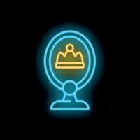 Neon sign representing crown reflecting in round mirror on black background vector