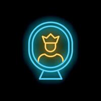 Neon icon of a king reflecting in a round mirror on black background vector