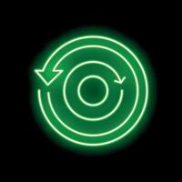 Green neon sign representing recursion with arrows forming a circle on black background vector