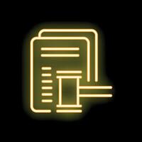 Neon icon of judge gavel striking mallet striking for verdict on documents vector