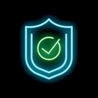Neon shield showing validated checkmark symbol on black background vector