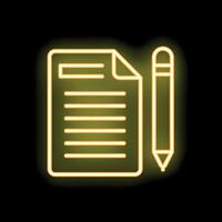 Neon yellow document with lines and pencil icon graphic on black background vector