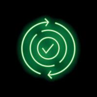 Green neon checkmark inside circular arrows on black background signalling validation vector