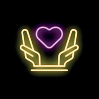 Two hands holding heart shape neon sign on black background vector