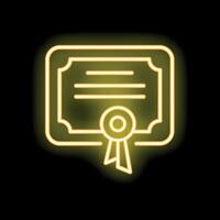 Neon sign depicting certificate glowing yellow on black background vector