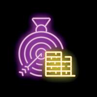 Neon sign representing reaching business goals with arrow hitting target and stack of money vector