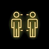 Neon icon of two people social distancing on black background vector