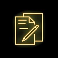 Neon icon of pencil writing on paper representing content creation vector