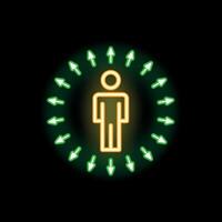 Neon sign representing a person surrounded by arrows pointing inwards vector