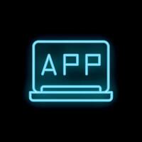 Neon blue app icon on laptop screen illustrating mobile application development vector