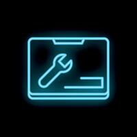 Neon blue wrench icon over laptop screen displaying progress bar illustrating software update concept vector