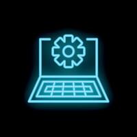 Neon blue laptop showing gear icon for computer settings and support vector
