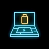 Neon laptop showing battery charging icon on black background vector