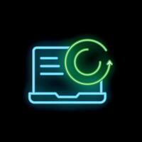 Neon icon of laptop displaying rotating circular arrow representing content management system vector