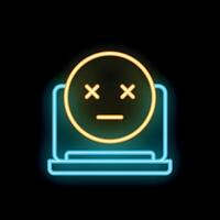 Neon icon of a bored or dead emoji appearing from laptop screen vector