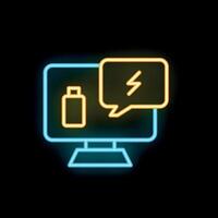 Neon computer icon displaying battery charging status on black background vector