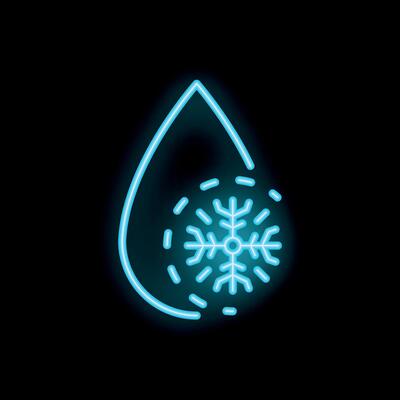 Neon blue water drop with snowflake glowing on black background