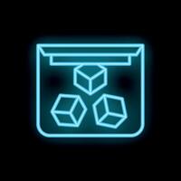 Neon blue open package with falling cubes inside on black background vector