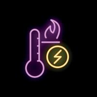 Neon icon of thermometer showing high temperature with fire and electricity symbol vector