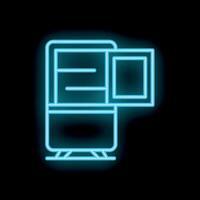 Open refrigerator with empty shelves neon sign on black background vector