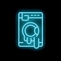 Neon icon of washing machine leaking water on black background vector