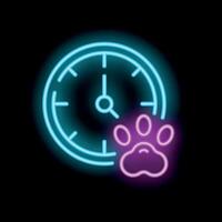 Neon sign of paw print and clock for pet services vector