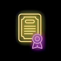 Neon sign of certificate with approving quality seal badge vector
