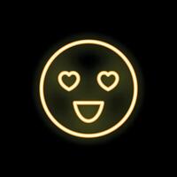 Neon yellow smiley face expressing love with heart eyes and open mouth smiling on black background vector